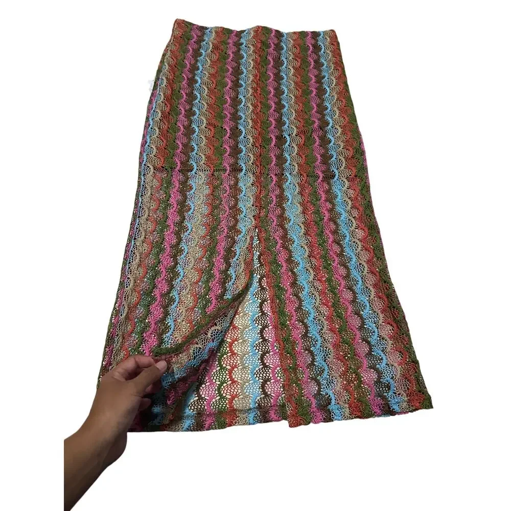NWT Sweet Rain Multicolor Crochet Knit Maxi Skirt Lined Slit Boho Festival Med